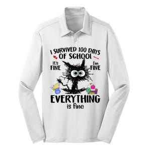 I Survived 100 Days Of School Everything Is Fine Funny Cat Silk Touch Performance Long Sleeve Polo