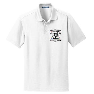 I Survived 100 Days Of School Everything Is Fine Funny Cat Dry Zone Grid Polo