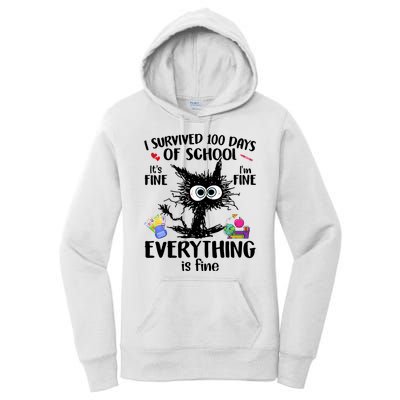 I Survived 100 Days Of School Everything Is Fine Funny Cat Women's Pullover Hoodie