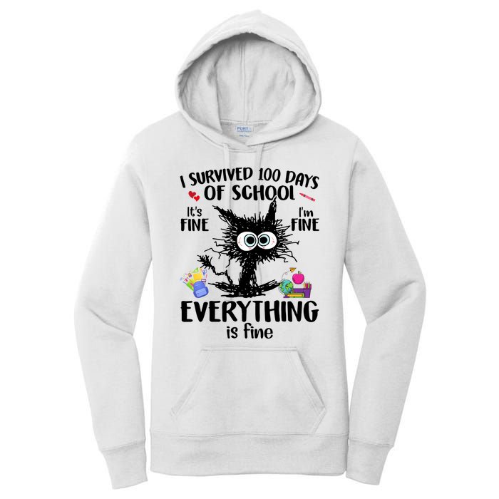 I Survived 100 Days Of School Everything Is Fine Funny Cat Women's Pullover Hoodie