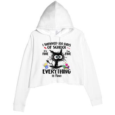 I Survived 100 Days Of School Everything Is Fine Funny Cat Crop Fleece Hoodie