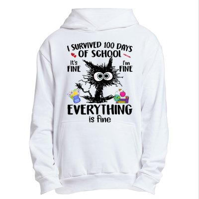 I Survived 100 Days Of School Everything Is Fine Funny Cat Urban Pullover Hoodie