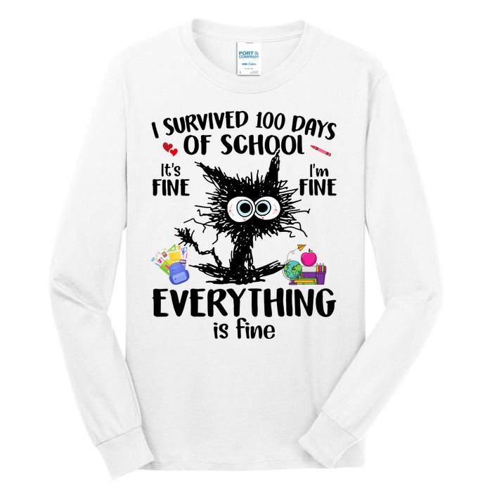 I Survived 100 Days Of School Everything Is Fine Funny Cat Tall Long Sleeve T-Shirt