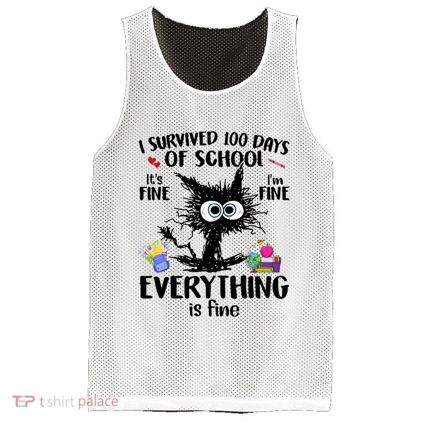 I Survived 100 Days Of School Everything Is Fine Funny Cat Mesh Reversible Basketball Jersey Tank