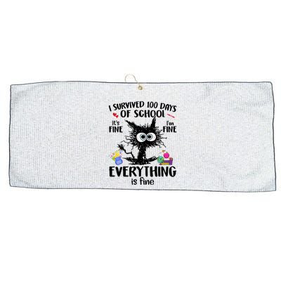 I Survived 100 Days Of School Everything Is Fine Funny Cat Large Microfiber Waffle Golf Towel