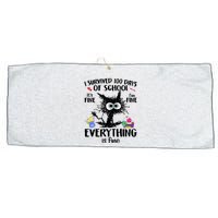 I Survived 100 Days Of School Everything Is Fine Funny Cat Large Microfiber Waffle Golf Towel