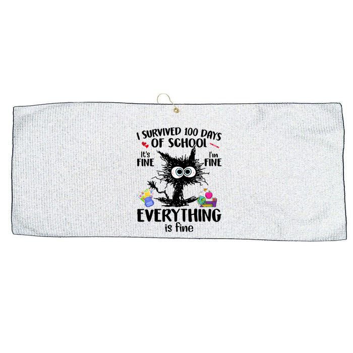 I Survived 100 Days Of School Everything Is Fine Funny Cat Large Microfiber Waffle Golf Towel