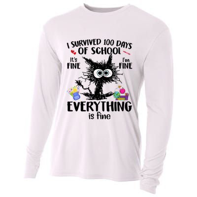 I Survived 100 Days Of School Everything Is Fine Funny Cat Cooling Performance Long Sleeve Crew