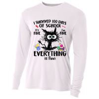 I Survived 100 Days Of School Everything Is Fine Funny Cat Cooling Performance Long Sleeve Crew