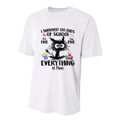 I Survived 100 Days Of School Everything Is Fine Funny Cat Youth Performance Sprint T-Shirt
