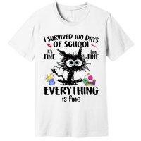 I Survived 100 Days Of School Everything Is Fine Funny Cat Premium T-Shirt