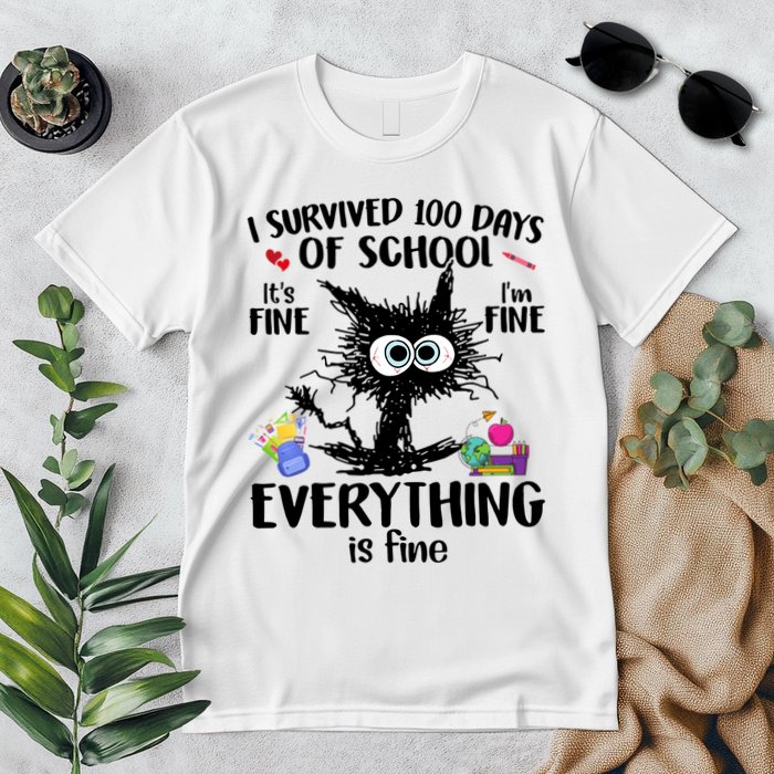 I Survived 100 Days Of School Everything Is Fine Funny Cat Premium T-Shirt