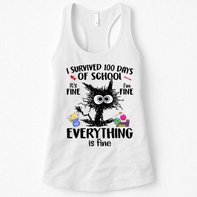 I Survived 100 Days Of School Everything Is Fine Funny Cat Womens Tank Top