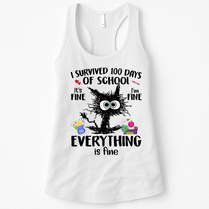 I Survived 100 Days Of School Everything Is Fine Funny Cat Womens Tank Top