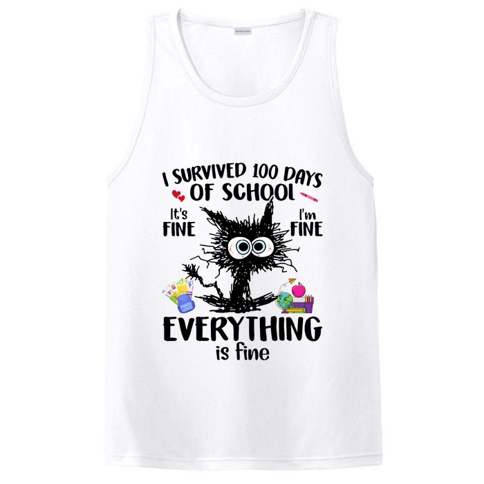 I Survived 100 Days Of School Everything Is Fine Funny Cat PosiCharge Competitor Tank