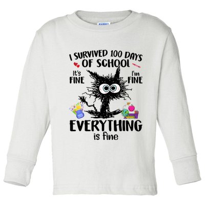I Survived 100 Days Of School Everything Is Fine Funny Cat Toddler Long Sleeve Shirt