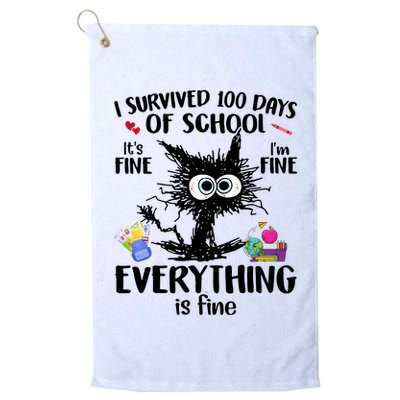 I Survived 100 Days Of School Everything Is Fine Funny Cat Golf Towel