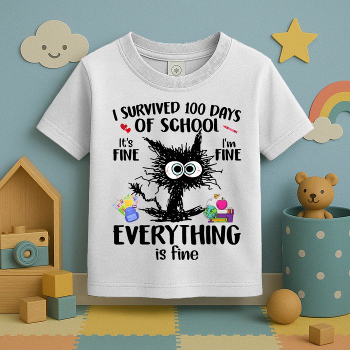 I Survived 100 Days Of School Everything Is Fine Funny Cat Toddler T-Shirt