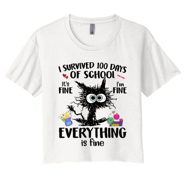 I Survived 100 Days Of School Everything Is Fine Funny Cat Crop Top