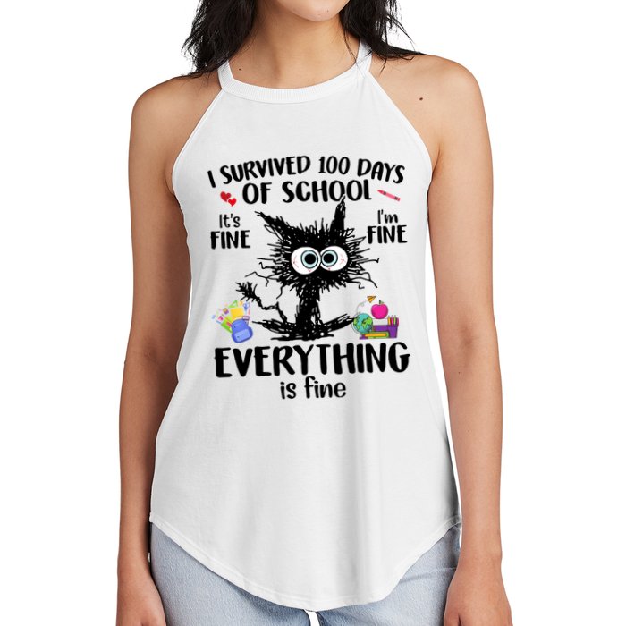 I Survived 100 Days Of School Everything Is Fine Funny Cat Women's Perfect Tri Rocker Tank