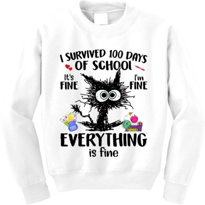 I Survived 100 Days Of School Everything Is Fine Funny Cat Kids Sweatshirt