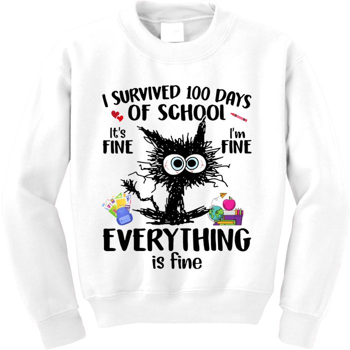 I Survived 100 Days Of School Everything Is Fine Funny Cat Kids Sweatshirt