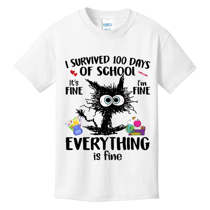 I Survived 100 Days Of School Everything Is Fine Funny Cat Kids T-Shirt