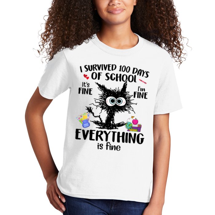 I Survived 100 Days Of School Everything Is Fine Funny Cat Kids T-Shirt
