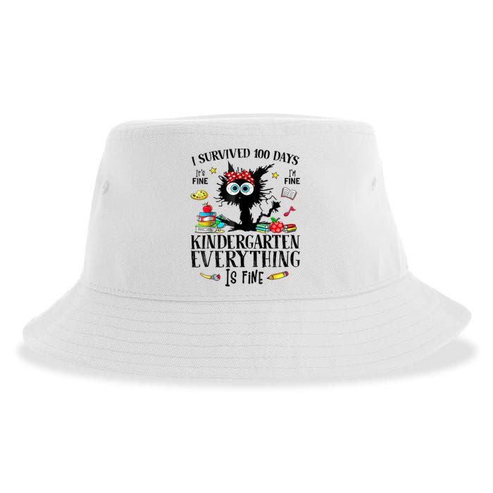 I Survived 100 Days Of Kindergarten Teacher & Student Funny Cat Sustainable Bucket Hat