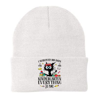 I Survived 100 Days Of Kindergarten Teacher & Student Funny Cat Knit Cap Winter Beanie