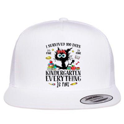 I Survived 100 Days Of Kindergarten Teacher & Student Funny Cat Flat Bill Trucker Hat