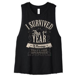 I Survived 1st Year Marriage First Wedding Anniversary Gifts Women's Racerback Cropped Tank