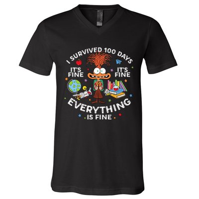 I Survived 100 Days Of School ItS Fine Everything Is Fine V-Neck T-Shirt
