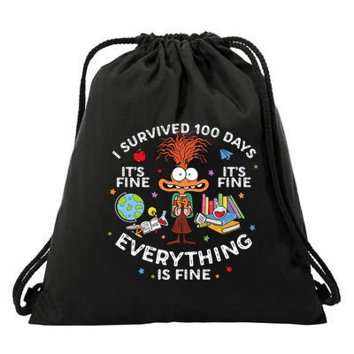 I Survived 100 Days Of School ItS Fine Everything Is Fine Drawstring Bag