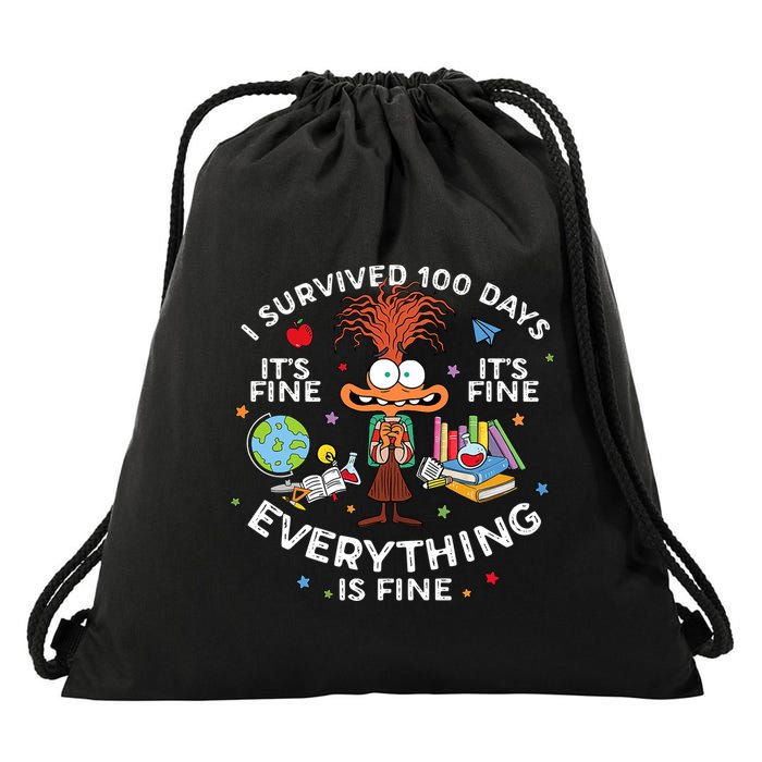 I Survived 100 Days Of School ItS Fine Everything Is Fine Drawstring Bag