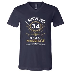 I Survived 34 Years Of Marriage 34th Wedding Anniversary V-Neck T-Shirt