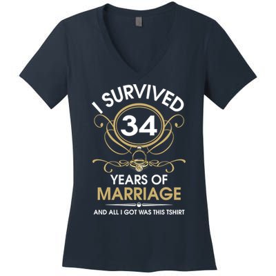 I Survived 34 Years Of Marriage 34th Wedding Anniversary Women's V-Neck T-Shirt