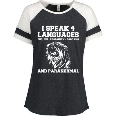 I Speak 4 Languages Paranormal Ghost Hunting Enza Ladies Jersey Colorblock Tee