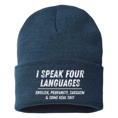 I Speak 4 Languages: English Profanity Sarcasm & Real Shit Sustainable Knit Beanie