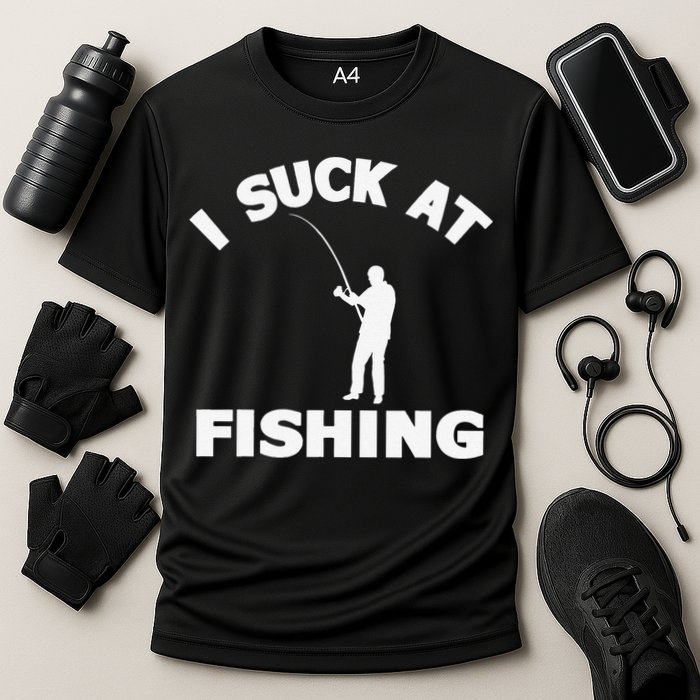 I Suck At Fishing Funny Fishermen Meme Fisher Lover Cooling Performance Crew T-Shirt