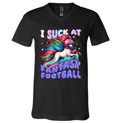 I Suck At Fantasy Football Unicorn Rainbow Loser V-Neck T-Shirt