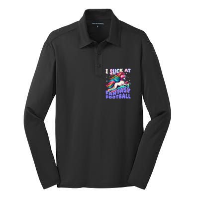 I Suck At Fantasy Football Unicorn Rainbow Loser Silk Touch Performance Long Sleeve Polo