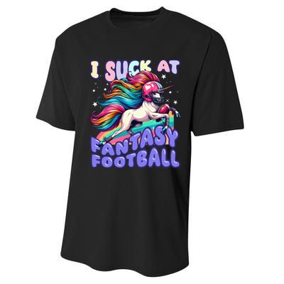 I Suck At Fantasy Football Unicorn Rainbow Loser Performance Sprint T-Shirt