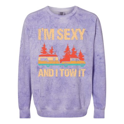 IM Sexy And I Tow It Bigfoot Camp Trees Hike Hiking Camping Colorblast Crewneck Sweatshirt