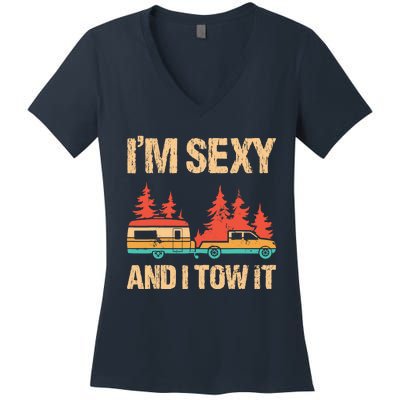 IM Sexy And I Tow It Bigfoot Camp Trees Hike Hiking Camping Women's V-Neck T-Shirt