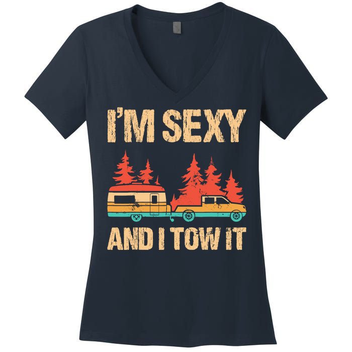 IM Sexy And I Tow It Bigfoot Camp Trees Hike Hiking Camping Women's V-Neck T-Shirt