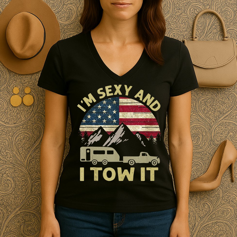 Im Sexy And I Tow It American Flag Caravan Camping American Women's V-Neck T-Shirt