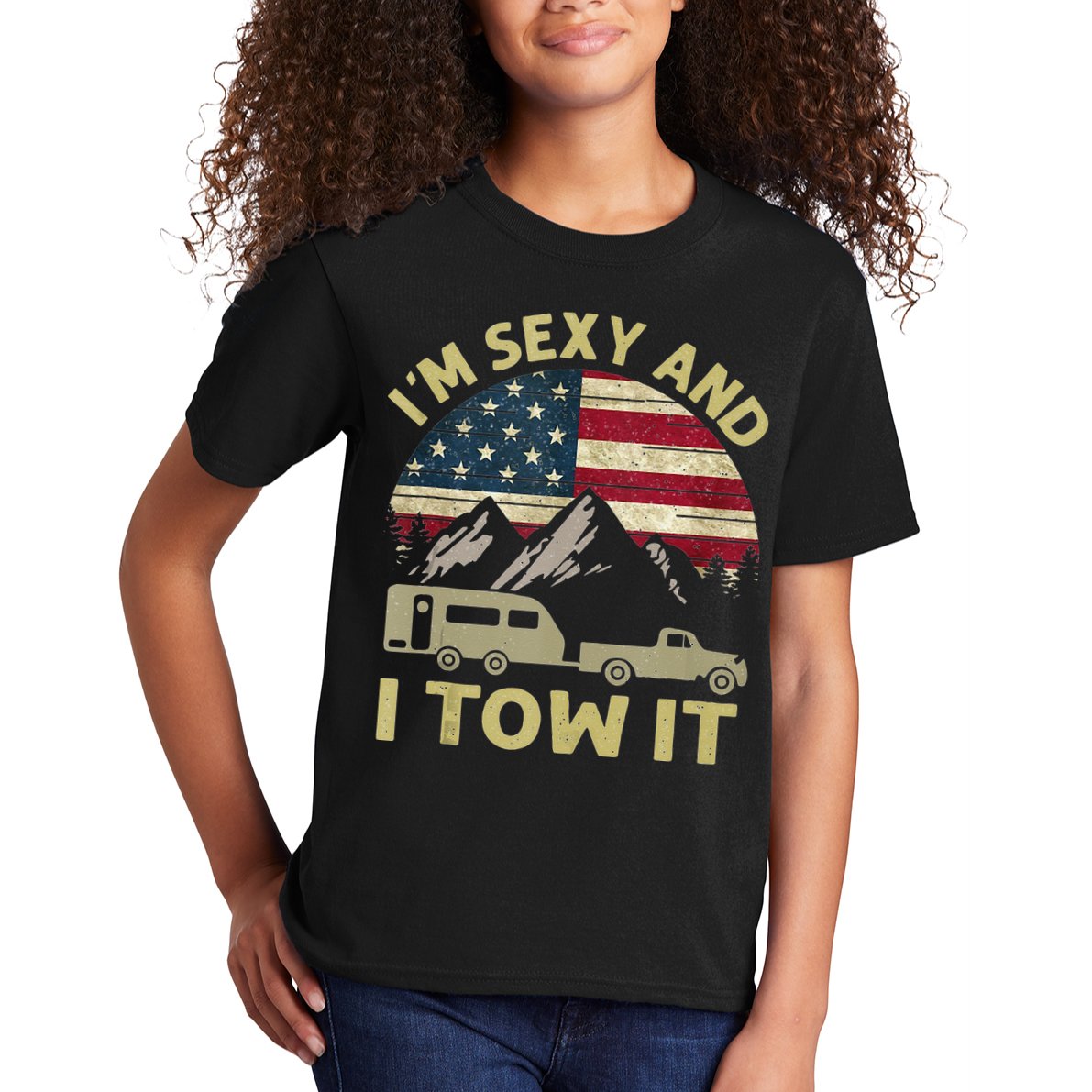 Im Sexy And I Tow It American Flag Caravan Camping American Kids T-Shirt