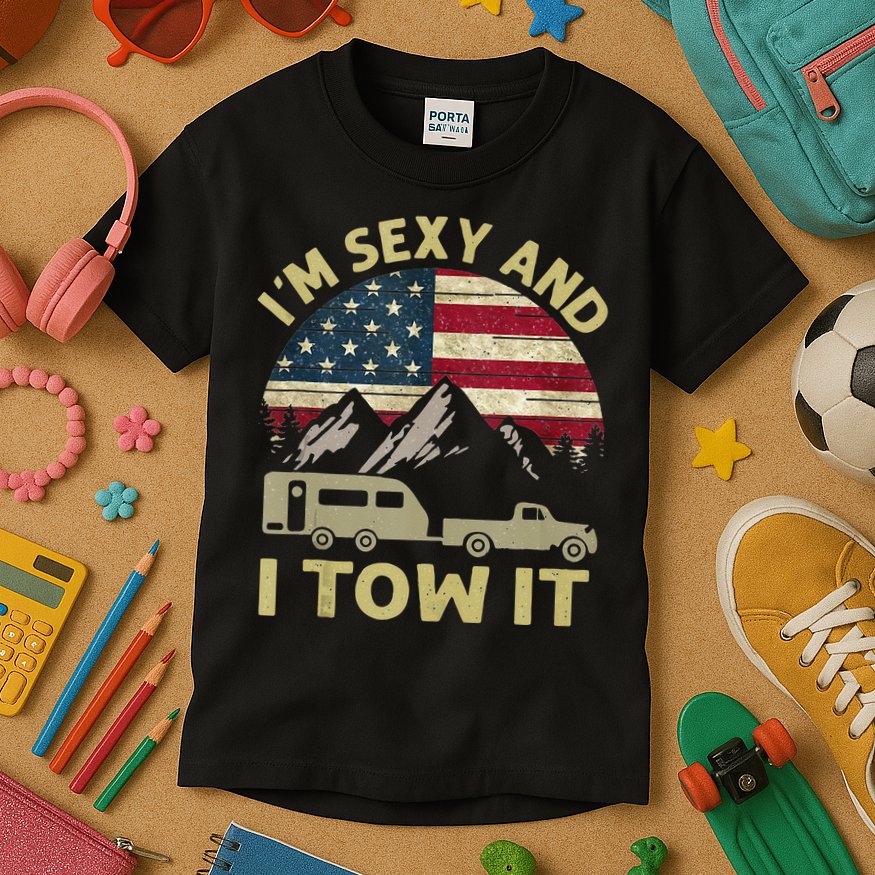 Im Sexy And I Tow It American Flag Caravan Camping American Kids T-Shirt