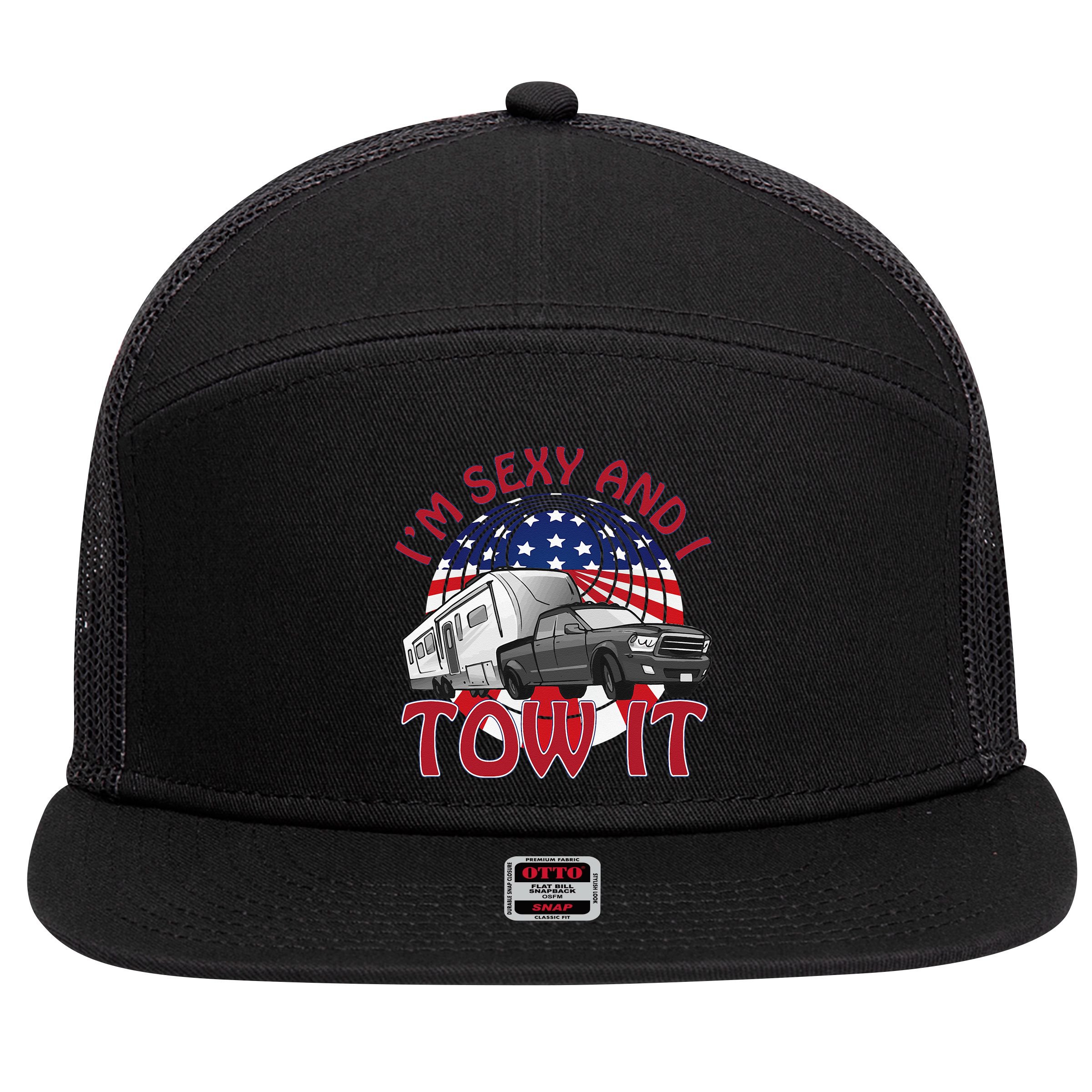I'm Sexy and I Tow It 5th wheel USA Flag Sunset camping 7 Panel Mesh Trucker Snapback Hat